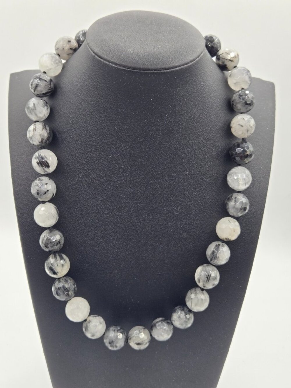 Tourmalinated Quartz Necklace 14mm Round Beads 925 Sterling Silver MagneticClasp - Picture 1 of 8